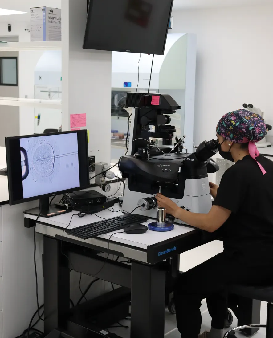An embryologist working at the microscope