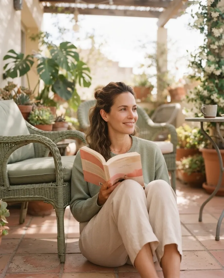 A woman reading calmly on a sunny terrace