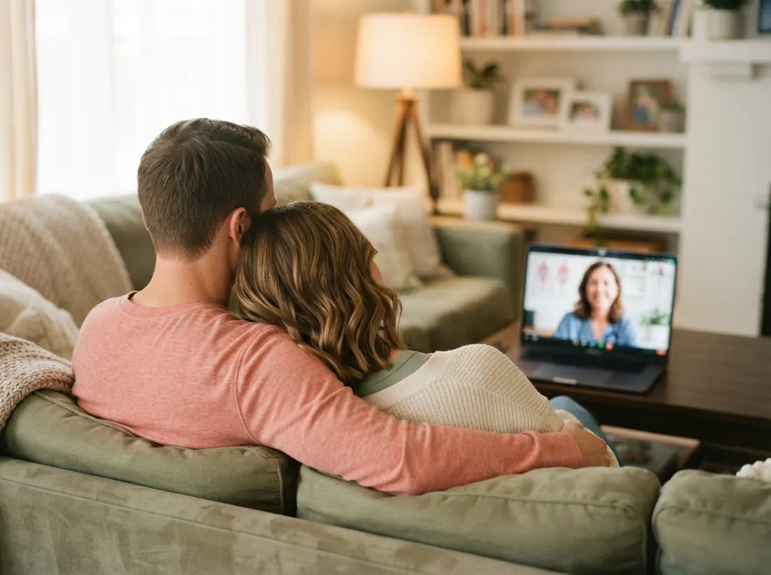 A couple on a video consultation from their living room