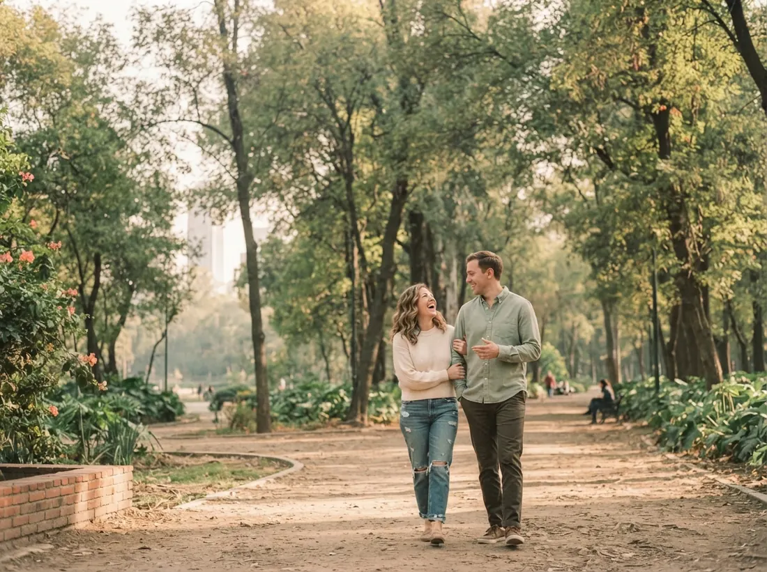 A couple strolling through a park in Mexico City