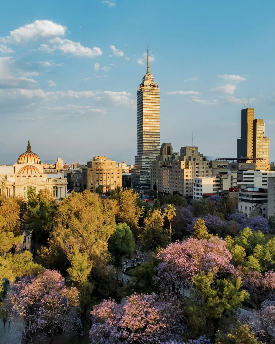 Mexico City's Alameda, the Palacio de Bellas Artes and the Torre Latinoamericana at golden hour